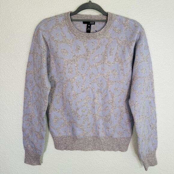 Aqua Cashmere Sweater Womens Extra Small Leopard Pullover Light Blue Grey XS NEW - Picture 1 of 9